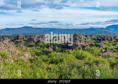 Campo di lava di Dimmuborgir situato in Islanda Foto Stock