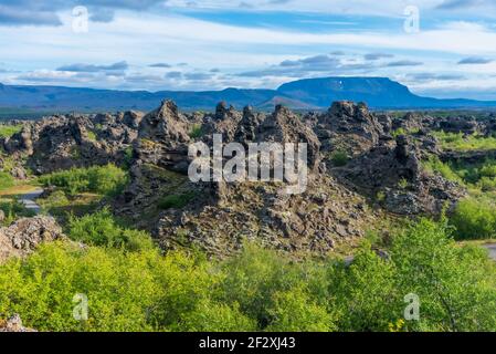 Campo di lava di Dimmuborgir situato in Islanda Foto Stock