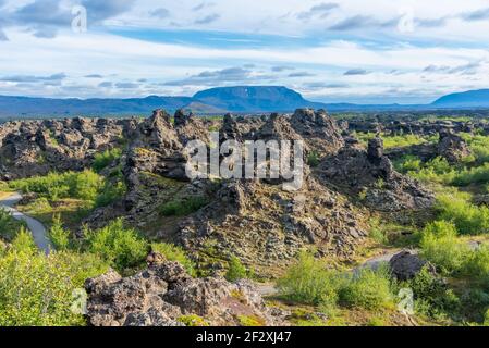 Campo di lava di Dimmuborgir situato in Islanda Foto Stock