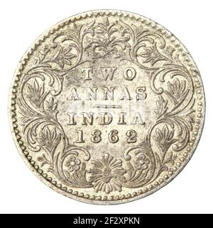 Old Indian Two Anas Coin di 1862 closeup Foto Stock