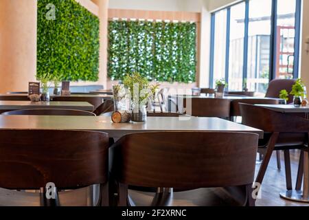 Brisbane, Queensland, Australia - Marzo 2021: All'interno di un ristorante luminoso con tavoli decorati con tronchi e piante Foto Stock