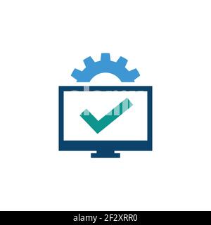 Vettore di progettazione del logo della tecnologia di controllo del computer. Selezionare l'icona del segno di spunta sul monitor del computer con il modello di disegno vettoriale con il logo dell'icona a forma di ingranaggio o di dente Illustrazione Vettoriale