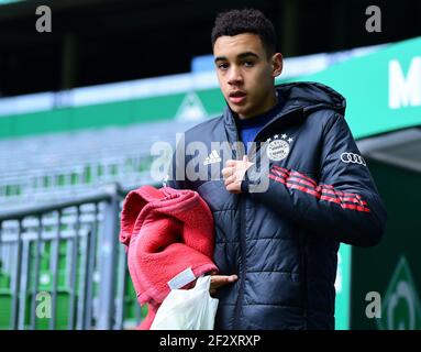 Città di Brema, Germania. Firo: 13.03.2021 Calcio, 1 Bundesliga, stagione 2020/2021, SV Werder Bremen SVW - FCB FC Bayern Munich Muenchen Jamal Musiala (Bayern) Credit: Tim Groothuis/Witters/via firosportphoto | usage worldwide/dpa/Alamy Live News 2021 Foto Stock