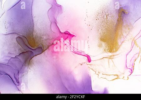 Disegno di sfondo dipinto con trama oro glitter polvere. Astratto blu. Colore cielo, strisce bianche e dorate. Sfondo frost Splash. Inchiostro acqua Mo Foto Stock