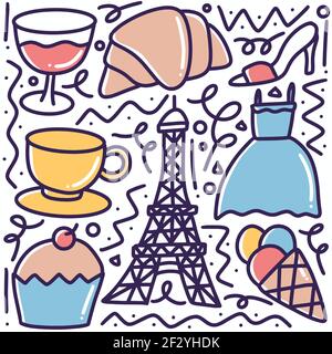 doodle set di vacanze a parigi disegni a mano Illustrazione Vettoriale
