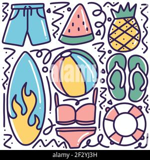 attrezzi da spiaggia disegnati a mano doodle Illustrazione Vettoriale