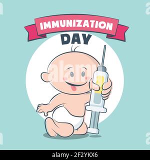 Poster del giorno di immunizzazione, vaccinazione infantile con vettore banner illustrativo dell'iniezione Illustrazione Vettoriale