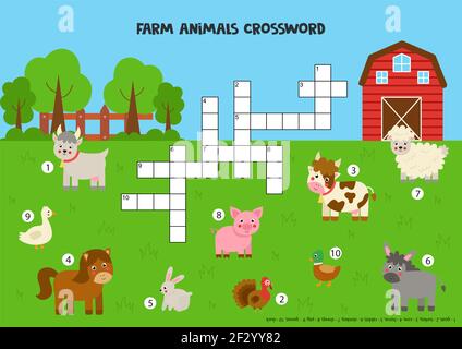 Farm animale crossword puzzle per bambini. Simpatici animali domestici sorridenti. Gioco educativo per bambini. Illustrazione Vettoriale