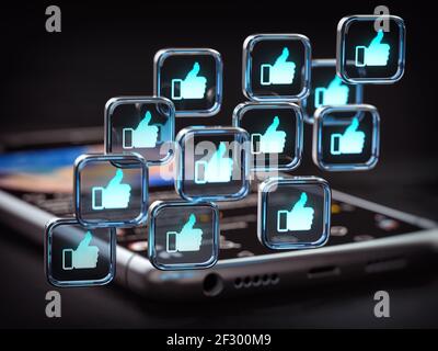 Molti simboli simili e con il pollice in alto sullo smartphone. Attività e popolarità nel concetto di social media. illustrazione 3d Foto Stock