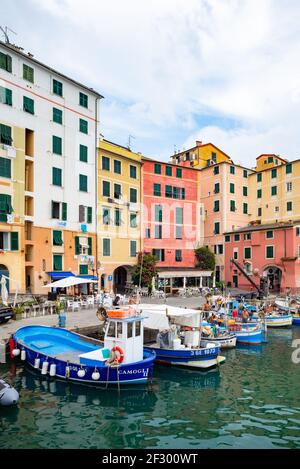 Colorate barche in legno nel porto di Camogli, pittoresco villaggio ligure nella parte orientale della regione. La pesca è ancora una grande parte dell'economia Foto Stock