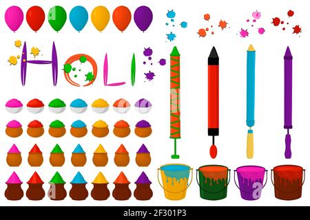 Illustrazione tema grande insieme diversi tipi di ciotole colorate con polvere brillante Holi. Schema delle ciotole costituito da polvere accessoria di raccolta per holi fes Illustrazione Vettoriale