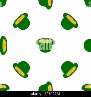 Illustrazione sul tema festa irlandese San Patrizio giorno, senza cuciture headdress cappelli. Pattern giorno di San Patrizio composto da molti cappelli identici su sfondo bianco Illustrazione Vettoriale