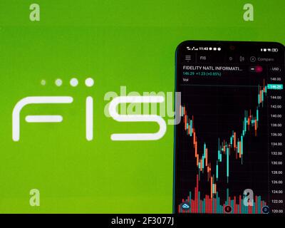 In questa illustrazione sono riportate le informazioni del mercato azionario di Fidelity National Information Services (FIS) visualizzate su uno smartphone con il logo sullo sfondo. Foto Stock