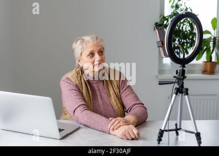 Profilo vista laterale ritratto di lei bella attraente addicted capelli grigi biondi granny giocare rete web virtuale gioco di squadra a industriale Foto Stock