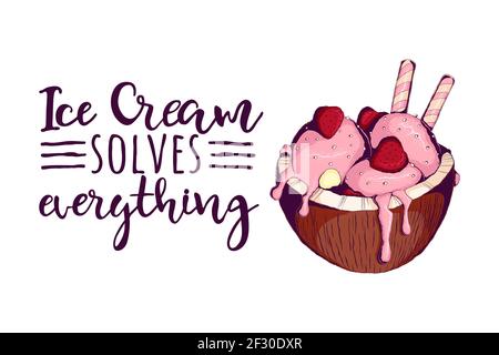 Gelato e citazione, sfondo decorativo. Sfondo colorato con illustrazione stilizzata vettoriale del gelato a mano. Il gelato risolve tutto, post Illustrazione Vettoriale