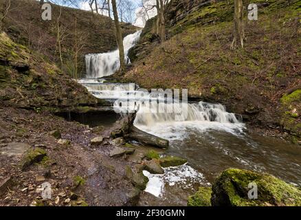 Cascata Scaleber Force, vicino a Settle, Yorkshire Dales National Park, Regno Unito. Le cadute sono viste dopo la pioggia pesante. Foto Stock