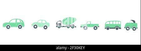 set di auto verdi piatte semplice disegno a mano in stile cartoon. illustrazione vettoriale Illustrazione Vettoriale