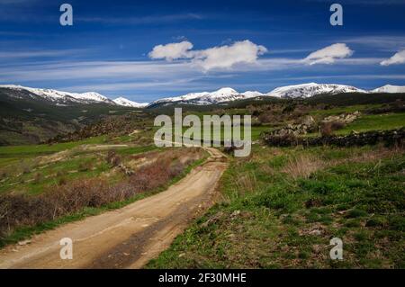 Cime di Tossal de Bovinar e Tossa Plana de Lles viste da Lles de Cerdanya in primavera (Cerdanya, Catalogna, Spagna, Pirenei) Foto Stock