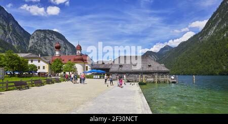 Impressioni bavaresi a Koenigssee, Germania. Con la famosa chiesa di pellegrinaggio di San Bartolomeo Foto Stock