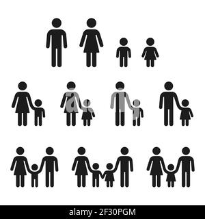 Adulti e bambini, diverse icone di sessi. Mamma e papà che tengono la mano di figlio e figlia, famiglia e un genitore. Set di simboli vettoriali. Illustrazione Vettoriale