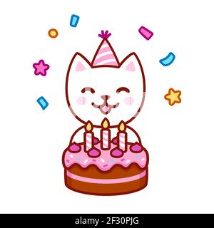 Carino gatto cartoon in cappello di partito soffiando candele sulla torta di compleanno. Buon compleanno saluto duro design. Illustrazione vettoriale di Kawaii. Illustrazione Vettoriale