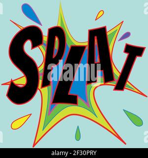 Splat comic star onomatopea in arancione blu e verde. Grandi lettere nere Illustrazione Vettoriale