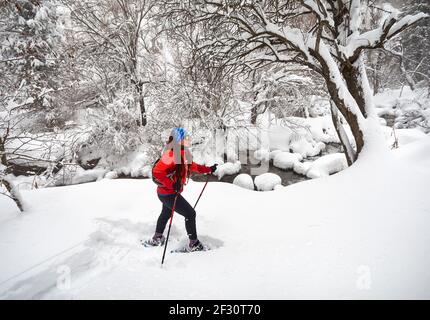 La donna che indossa scarpe da spettacolo cammina nella foresta innevata invernale vicino al fiume ad Almaty, Kazakistan Foto Stock