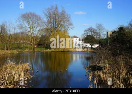 Una vista attraverso Willian Pond fino al Fox Inn Foto Stock