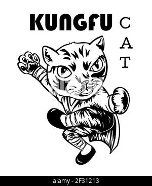 Gatto Kungfu, gatto da caccia, silhouette nera su sfondo bianco, illustrazione vettoriale, Illustrazione Vettoriale