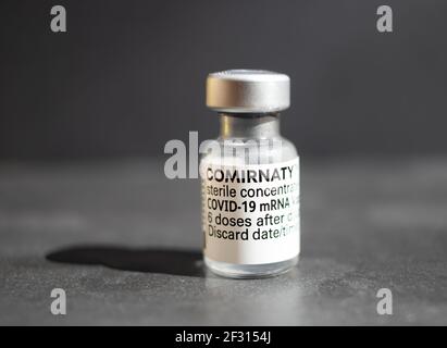 Eruel, Spagna - Marzo 03 2021, Comirnaty, vaccino RNA contro covid-19, sviluppato da Pfizer BioNTech su sfondo grigio Foto Stock