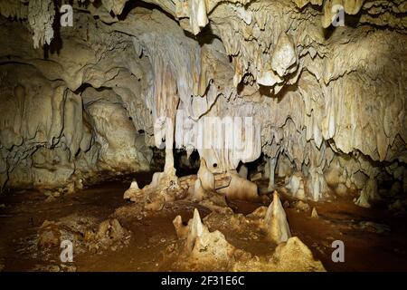 Grotte di Kiwengwa sull'isola di Zanzibar in Tanzania, adorano gli antenati della gente del posto, doni alle pietre sante, stalagmiti e stalattiti formate dal dissolv dell'acqua Foto Stock