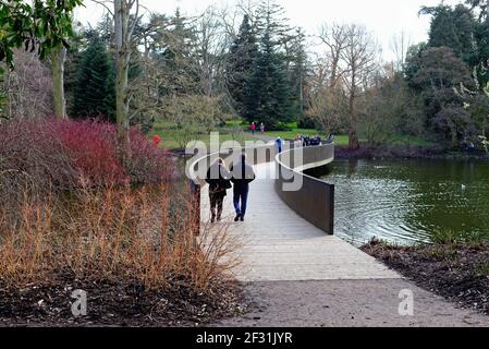 Il ponte Sackler che attraversa il lago presso i Kew Royal Botanic Gardens, Greater London England UK Foto Stock