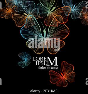 Farfalle colorate e graziose dalle linee su sfondo nero . Illustrazione vettoriale Illustrazione Vettoriale
