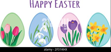 Colorate uova di pasqua decorate con graziosi fiori di primavera. Tulipani, croci, narcisi e nevicate. Biglietto d'auguri di Pasqua con felice testo pasquale Illustrazione Vettoriale