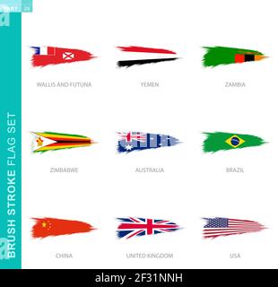 Vector Brush Stroke flag set, nove grunge flag: Australia, Brasile, Cina, Regno Unito, Stati Uniti, Wallis e Futuna, Yemen, Zambia, Zimbabwe Illustrazione Vettoriale