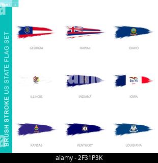 Vector Brush Stroke flag set di stati Uniti, nove grunge flag: Georgia, Hawaii, Idaho, Illinois, Indiana, Iowa, Kansas, Kentucky, Louisiana Illustrazione Vettoriale