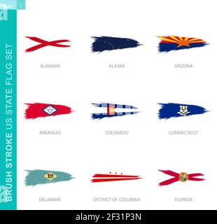 Vector Brush Stroke flag set di Stati Uniti, nove grunge flag: Alabama, Alaska, Arizona, Arkansas, Colorado, Connecticut, Delaware, Distretto di Columbia Illustrazione Vettoriale