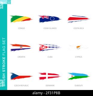 Vector Brush Stroke flag set, nove Grunge flag: Congo, Isole Cook, Costa Rica, Croazia, Cuba, Cipro, Repubblica ceca, Danimarca, Gibuti Illustrazione Vettoriale