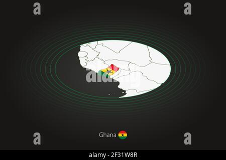 Mappa del Ghana di colore scuro, mappa ovale con i paesi vicini. Mappa vettoriale e bandiera del Ghana Illustrazione Vettoriale