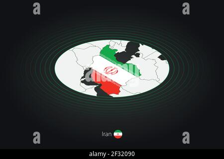 Mappa dell'Iran di colore scuro, mappa ovale con i paesi vicini. Mappa vettoriale e bandiera dell'Iran Illustrazione Vettoriale