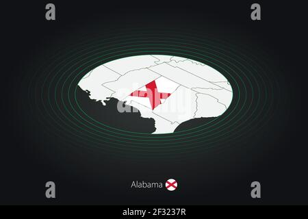 Mappa dell'Alabama in colore scuro, mappa ovale con gli stati vicini degli Stati Uniti. Mappa vettoriale e bandiera dello stato degli Stati Uniti Alabama. Illustrazione Vettoriale