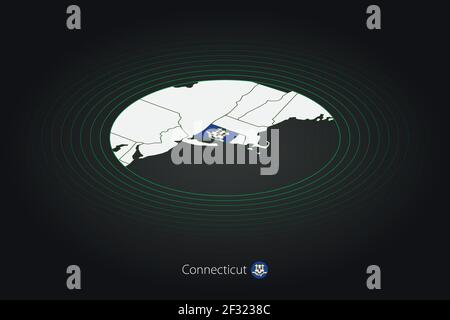 Mappa del Connecticut in colore scuro, mappa ovale con gli stati vicini degli Stati Uniti. Mappa vettoriale e bandiera dello stato degli Stati Uniti Connecticut Illustrazione Vettoriale