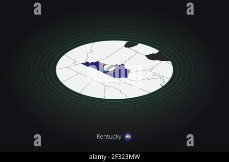Mappa del Kentucky di colore scuro, mappa ovale con gli stati vicini degli Stati Uniti. Mappa vettoriale e bandiera dello stato degli Stati Uniti Kentucky Illustrazione Vettoriale