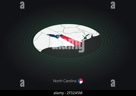 Mappa della Carolina del Nord in colore scuro, mappa ovale con gli stati vicini degli Stati Uniti. Mappa vettoriale e bandiera dello stato degli Stati Uniti del North Carolina Illustrazione Vettoriale