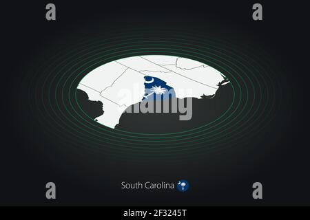 Mappa della Carolina del Sud in colore scuro, mappa ovale con gli stati vicini degli Stati Uniti. Mappa vettoriale e bandiera dello stato degli Stati Uniti del South Carolina Illustrazione Vettoriale