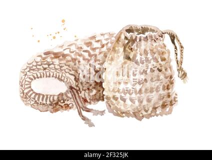 Concetto di spa. Accessori per bagno. Sacchetti esfolianti. Illustrazione di acquerello disegnata a mano isolata su sfondo bianco Foto Stock