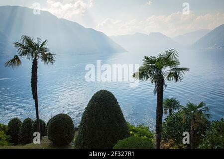 Italia, Lombardia, Lenno, vista sul Lago di Como con montagne e palme da Villa del Balbianello Foto Stock