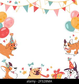 Cornice festiva con cani carini, funghi gallesi, pastore, labrador, pug, bulldog. Festa di compleanno con torta e palle in stile cartoon. Cane isolato su bianco, illustrazione vettoriale. Illustrazione Vettoriale