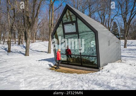 Sguardo spazzato dal vento, chioschi inclinati al lago Beaver sul Monte Royal, progettato da Atelier Urban Face, Montreal, QC Foto Stock