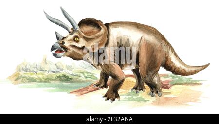 Dinosauro Triceratops in paesaggio preistorico. Immagine disegnata a mano con acquerello, isolata su sfondo bianco Foto Stock